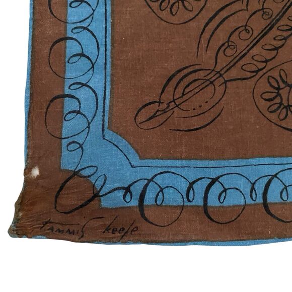 Tammi's Keefe Hanky Handkerchief Brown Blue Feathers Hands Hand Rolled Hem - Picture 2 of 2
